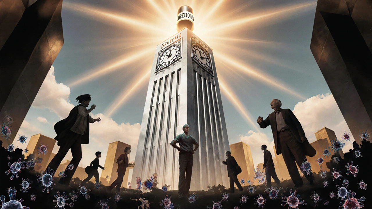 A patient standing beside a clocktower labeled &#039;LIFELONG&#039;, with light radiating from a capsule as diverse people thrive below.