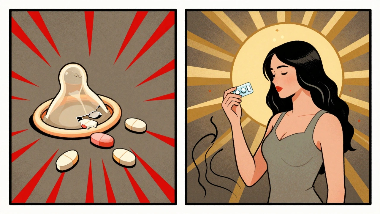 Split scene showing contraceptive failure on one side and emergency pill use at dawn on the other.