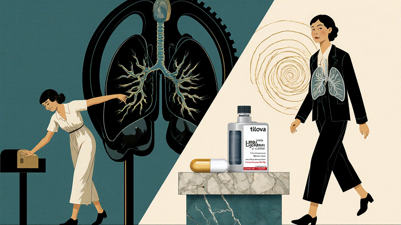 Woman before and after using Tiova Rotacap, lungs as gears transforming from dark to light.