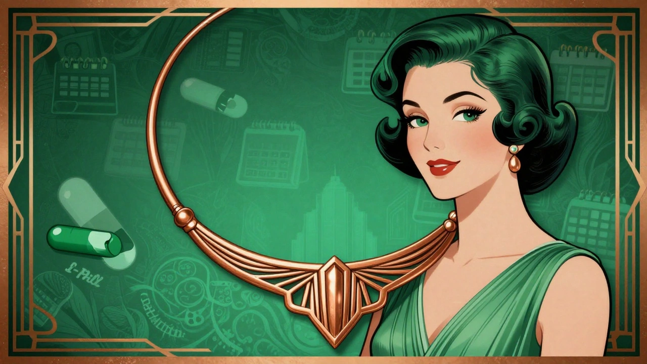 Woman beside a copper IUD shaped like an Art Deco necklace, with I-Pill and calendar icons fading behind.