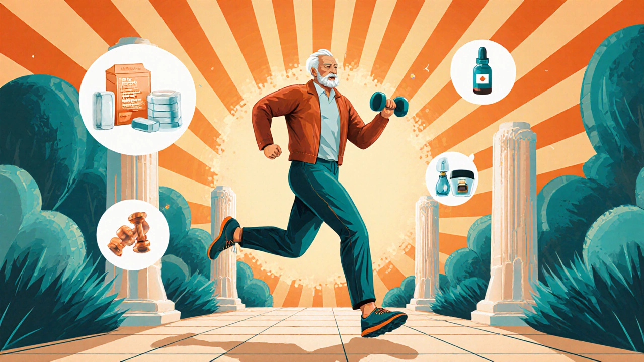Active older man lifting weights, surrounded by vitamins and medication icons in Art Deco illustration.