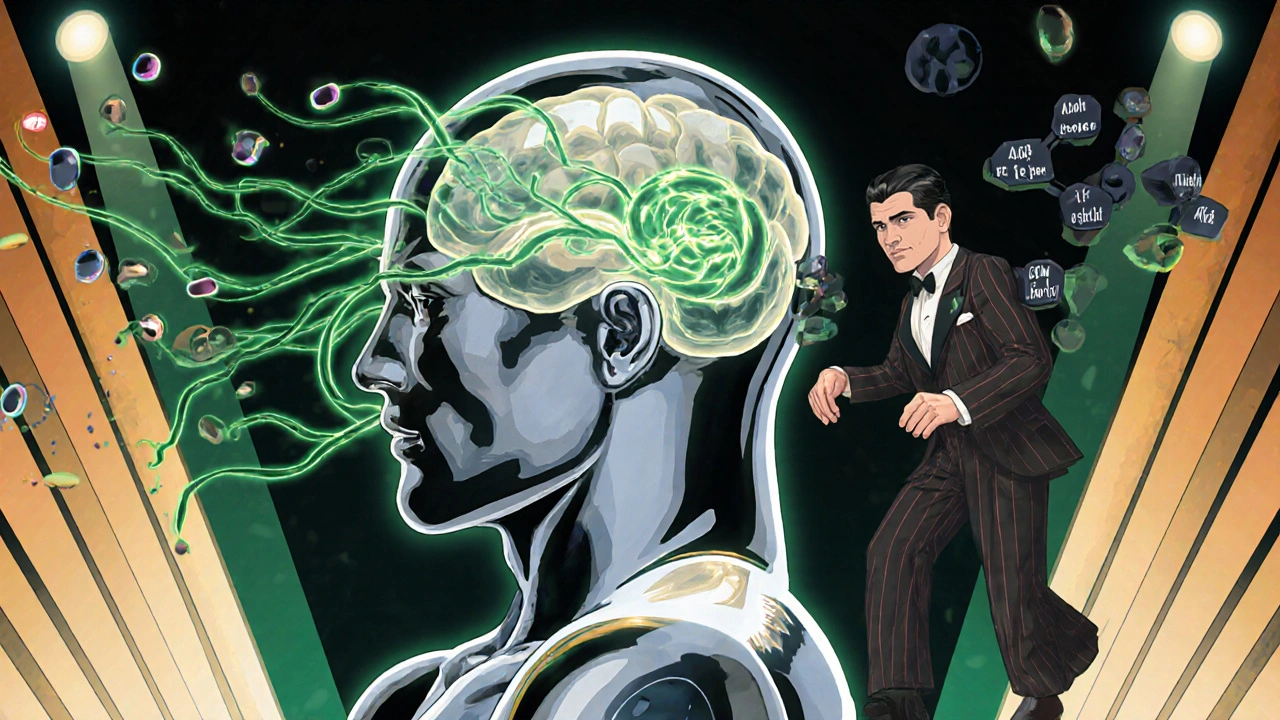 Art Deco brain showing acetylcholine flow and Donepezil pill blocking enzymes.