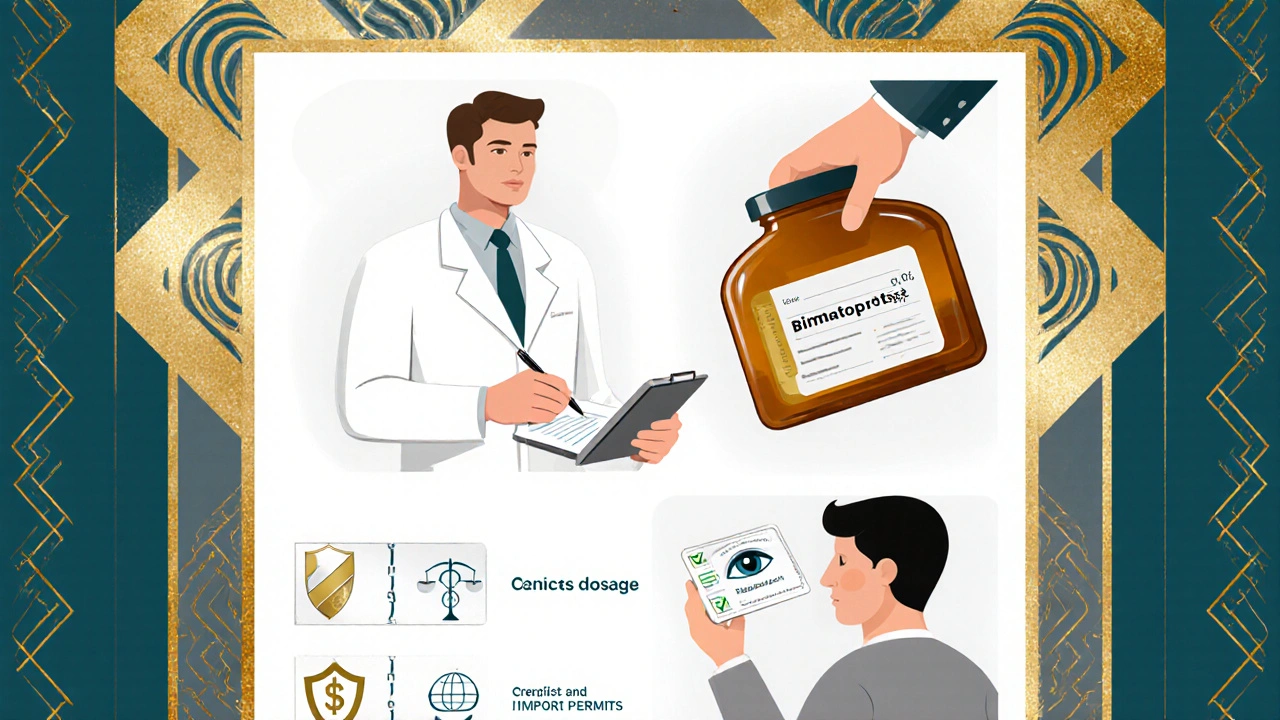 Art Deco checklist with clinician, pharmacist, patient and prescription package.