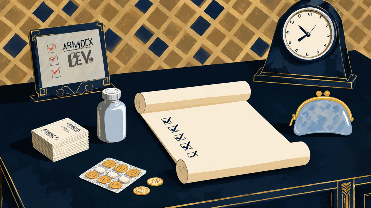 Art Deco decision desk showing Arimidex bottle, generic packets, bone scan icon, and coins representing cost.