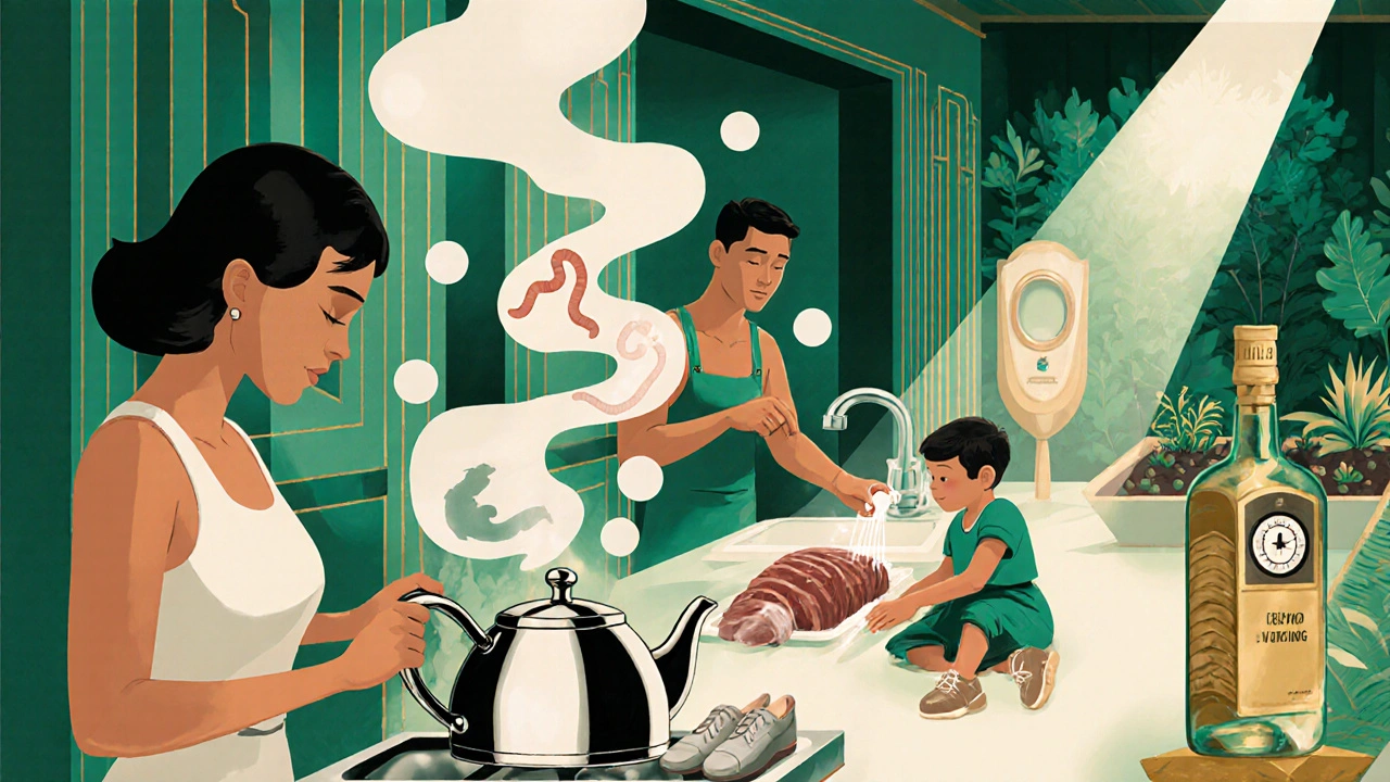 Art Deco illustration of family boiling water, cooking meat, washing hands, wearing shoes, and deworming.