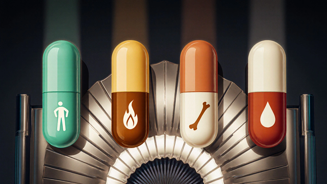 Art Deco layout of four pill capsules each surrounded by icons for joint pain, hot flashes, bone loss, and clot risk.