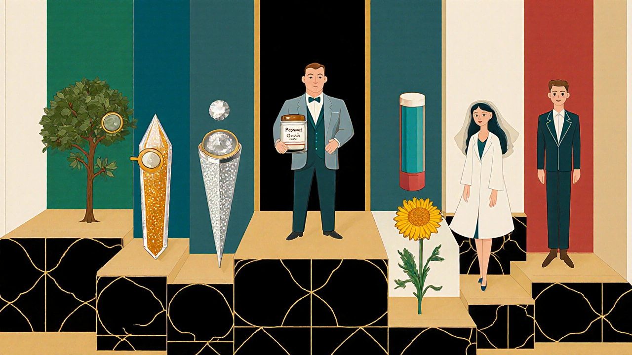 Art Deco style scene comparing Podowart with tea tree, salicylic acid, zinc oxide, hydrocortisone, and calendula characters.