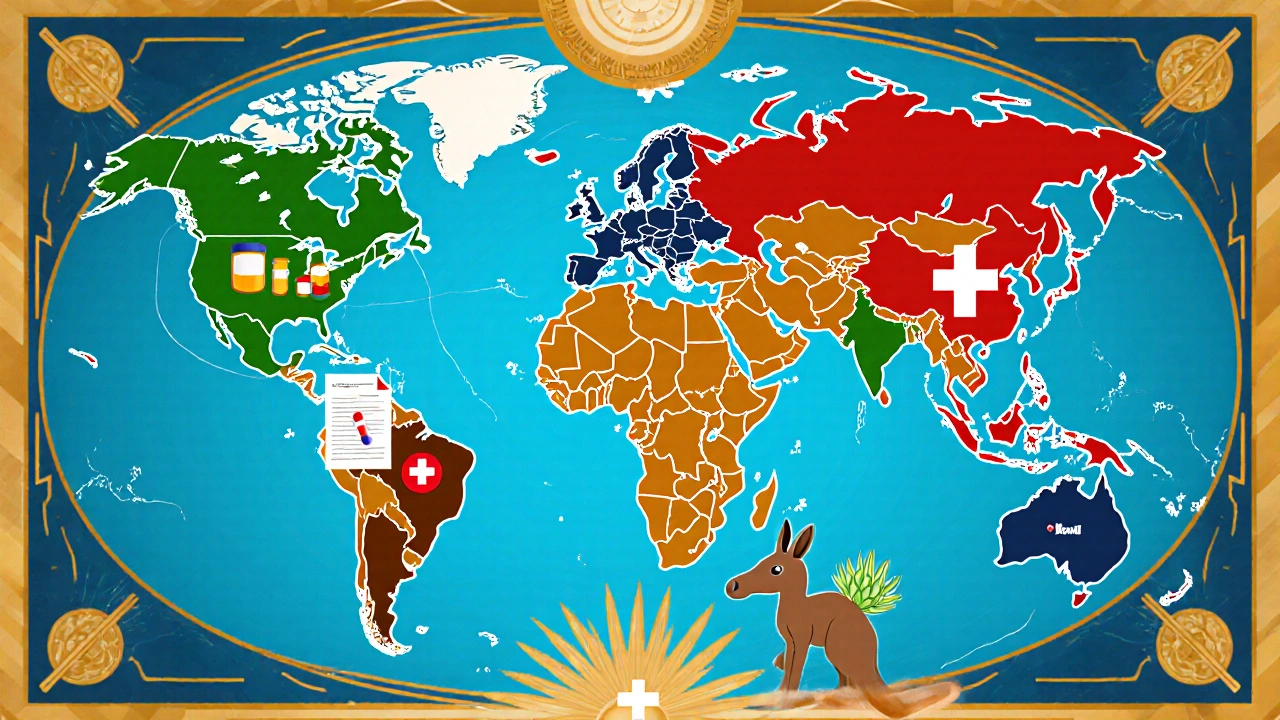 Art Deco world map showing prescription regulations for bimatoprost.