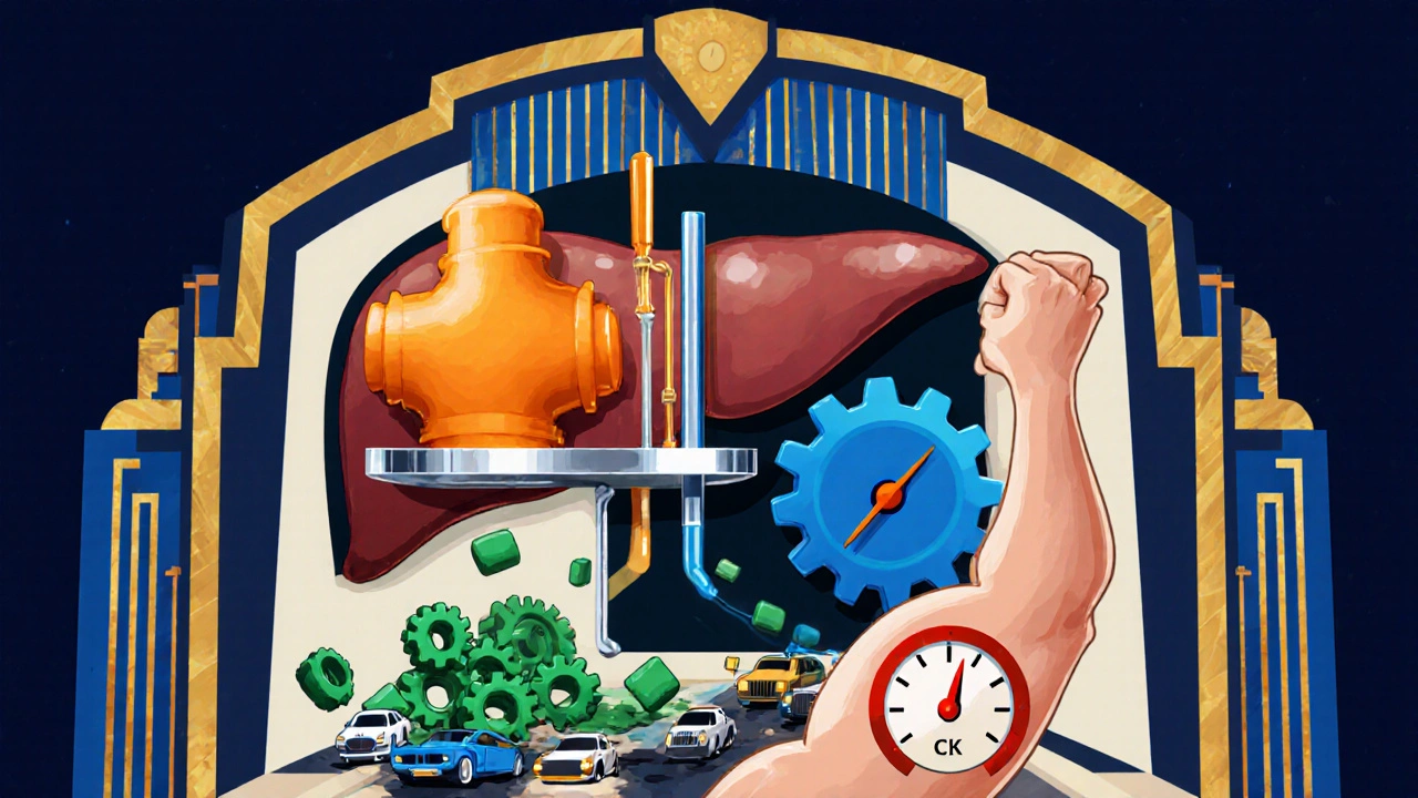 Azole molecule blocks CYP3A4, causing statin buildup and muscle pain.
