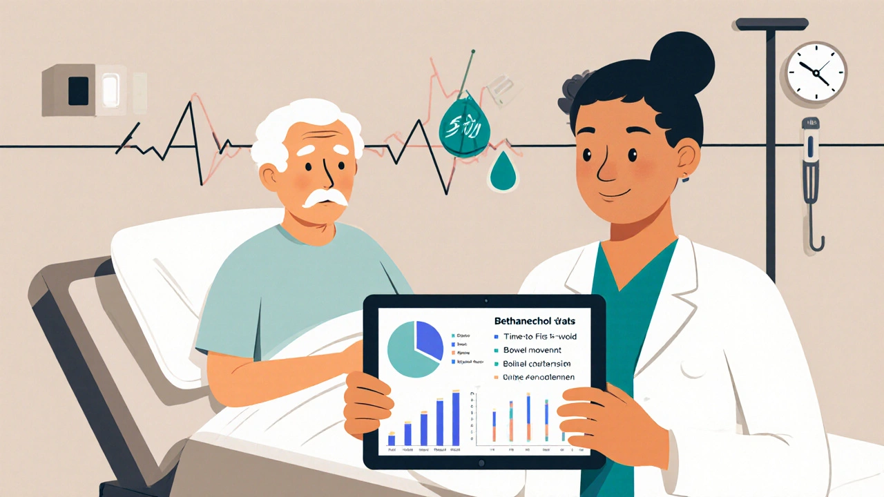 Cartoon clinician evaluating patient outcomes and side‑effects after Bethanechol.
