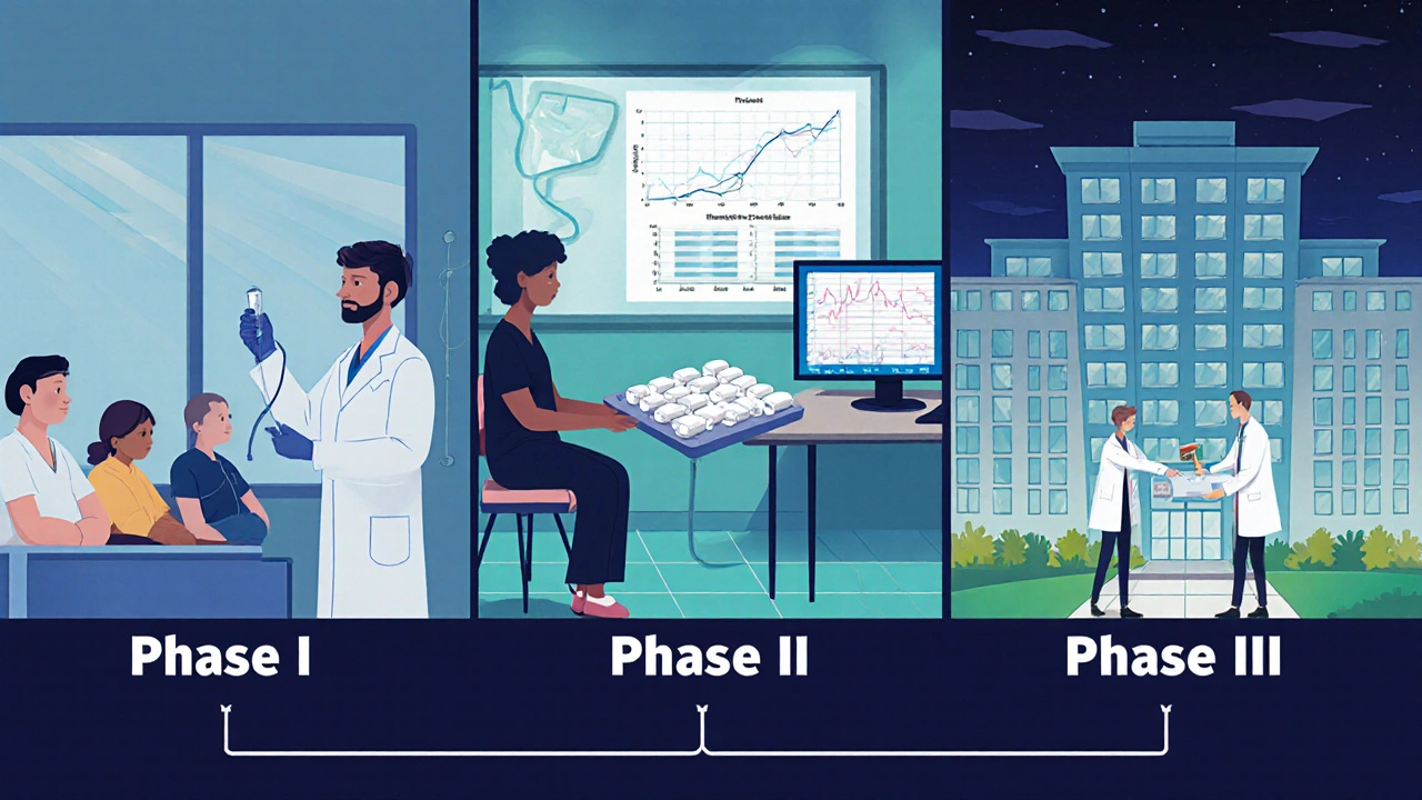 Cartoon timeline showing Phase I, II, III Bethanechol trial stages with researchers and pills.
