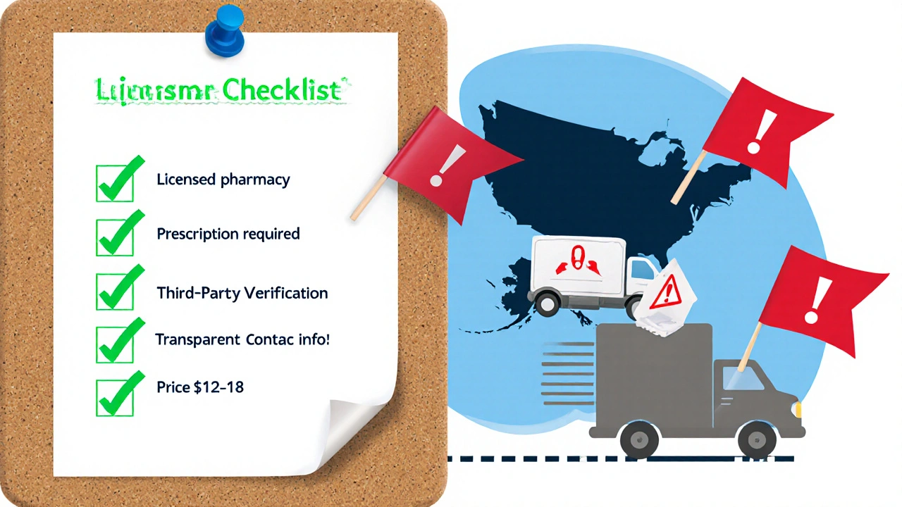 Checklist of safe online pharmacy steps with red warning flags beside a shipping box.