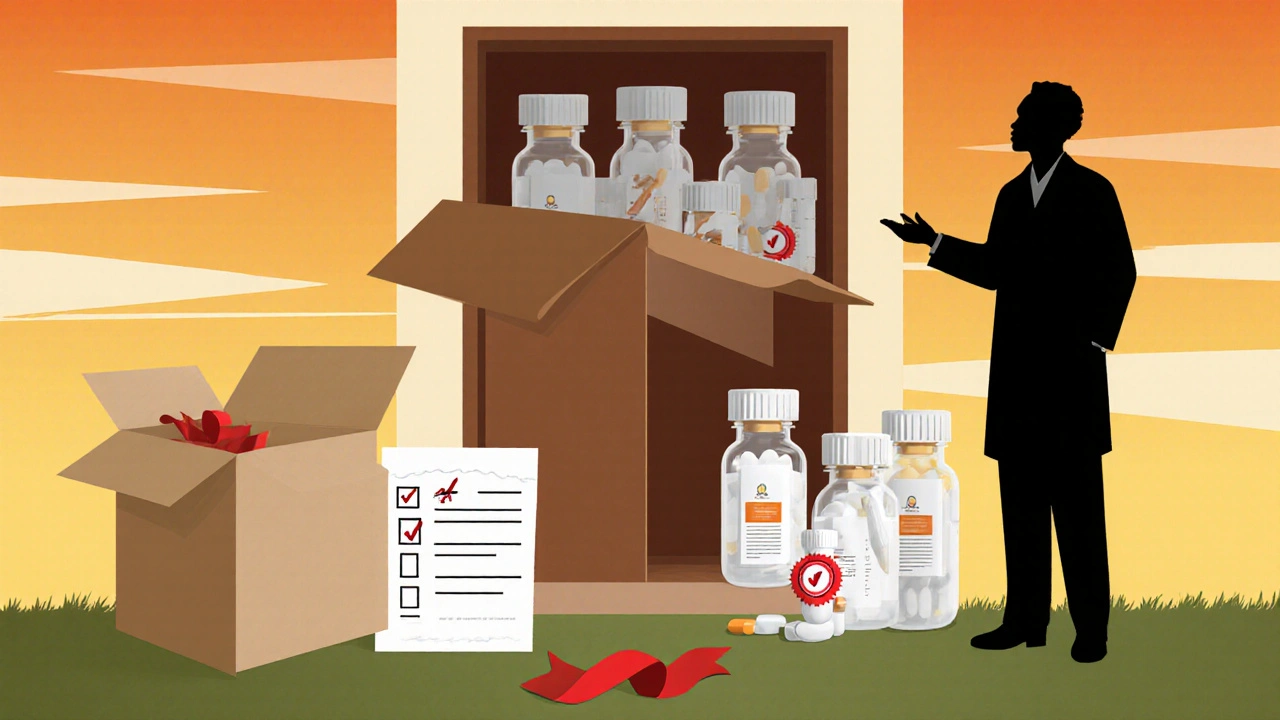 Delivery box opened with medication bottles and tamper‑evident seal on a doorstep.