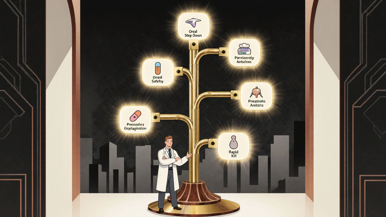 Doctor beside an Art Deco decision tree with antibiotic icons representing treatment cues.