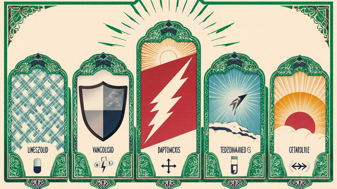 Five decorative panels each showing a stylized icon for a different antibiotic.