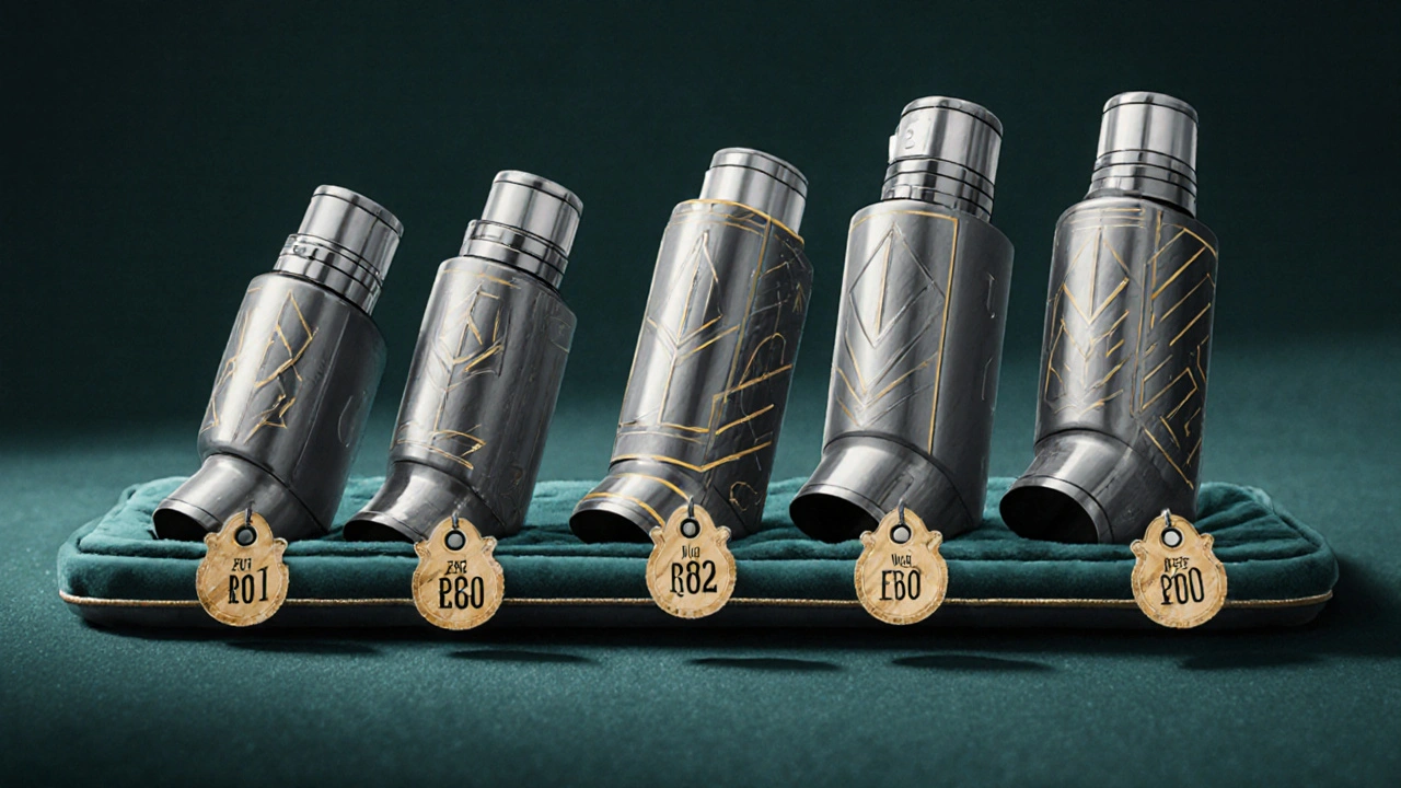 Five stylized inhaler devices arranged like luxury items on velvet, geometric patterns, no text.