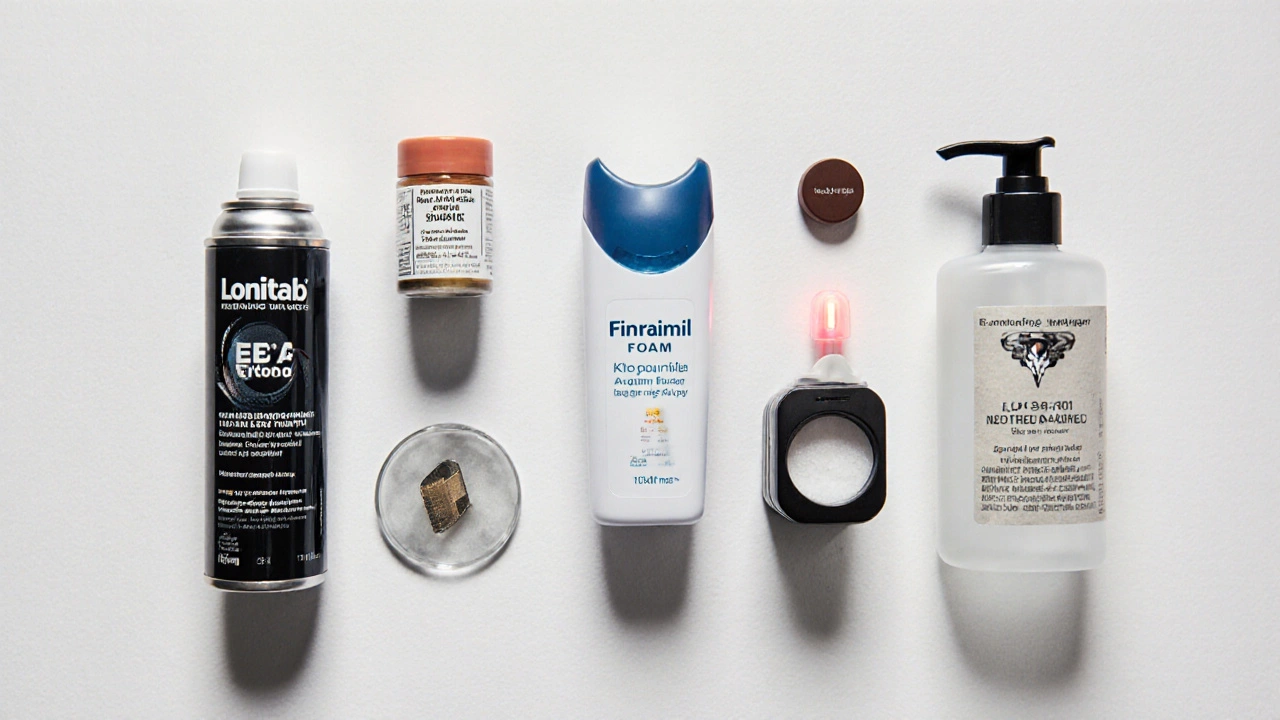 Flat‑lay of Lonitab, Rogaine, generic minoxidil, finasteride tablet, laser device, saw palmetto capsule, and ketoconazole shampoo.