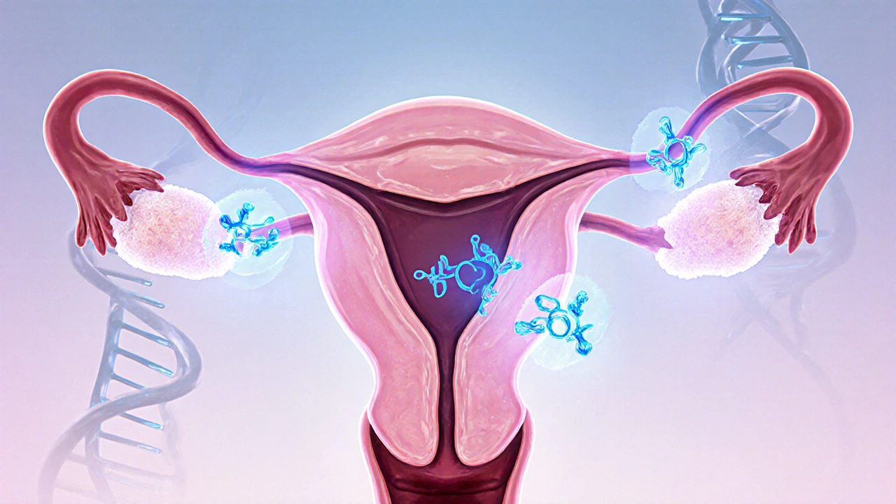 Illustrated view of HCG hormone stimulating egg release in a woman's uterus.