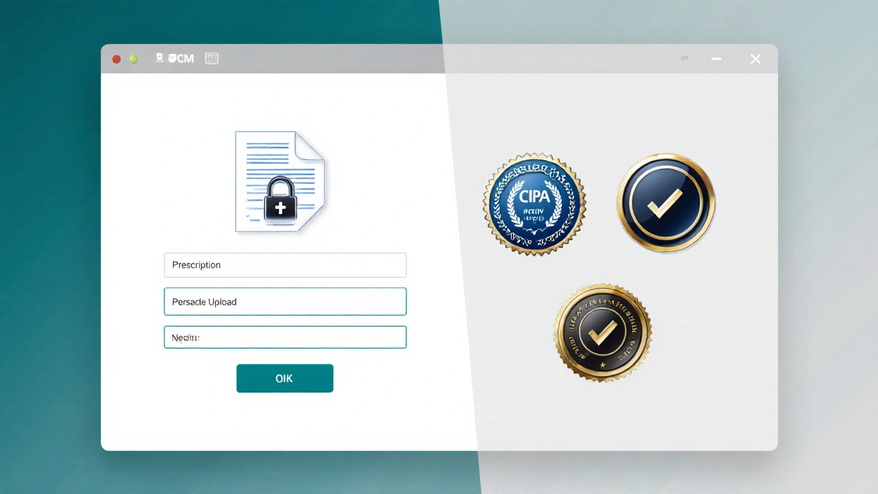 Illustration of secure online pharmacy checkout with prescription upload and verification icons.