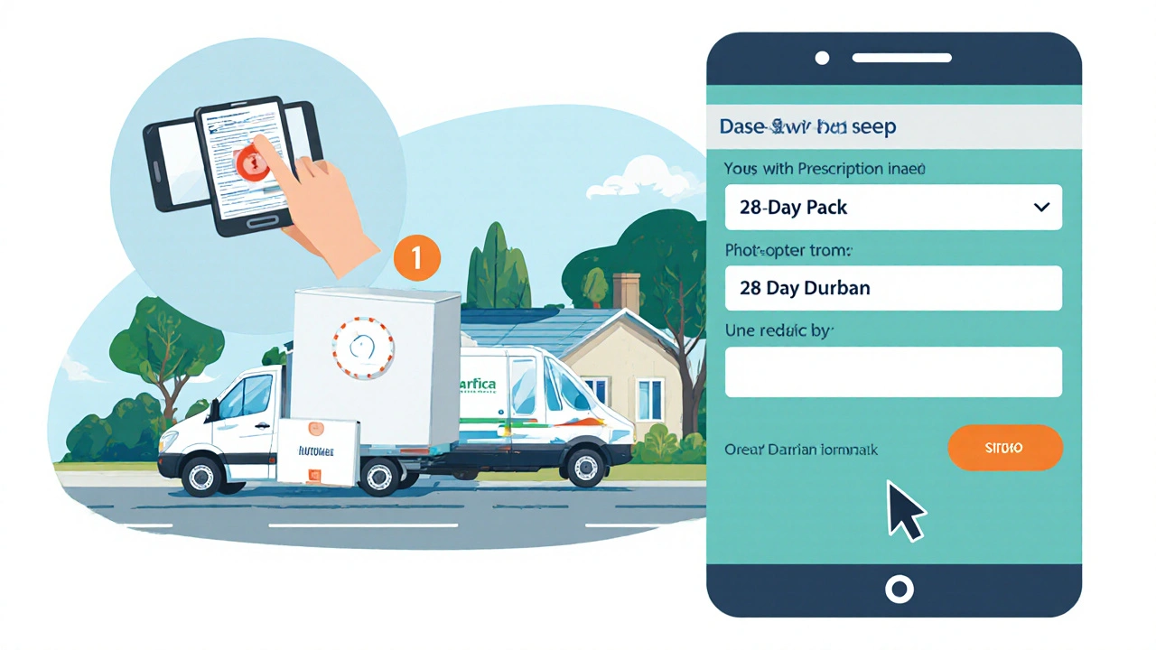 Illustration of uploading a prescription, selecting a pack, and courier delivery to Durban.