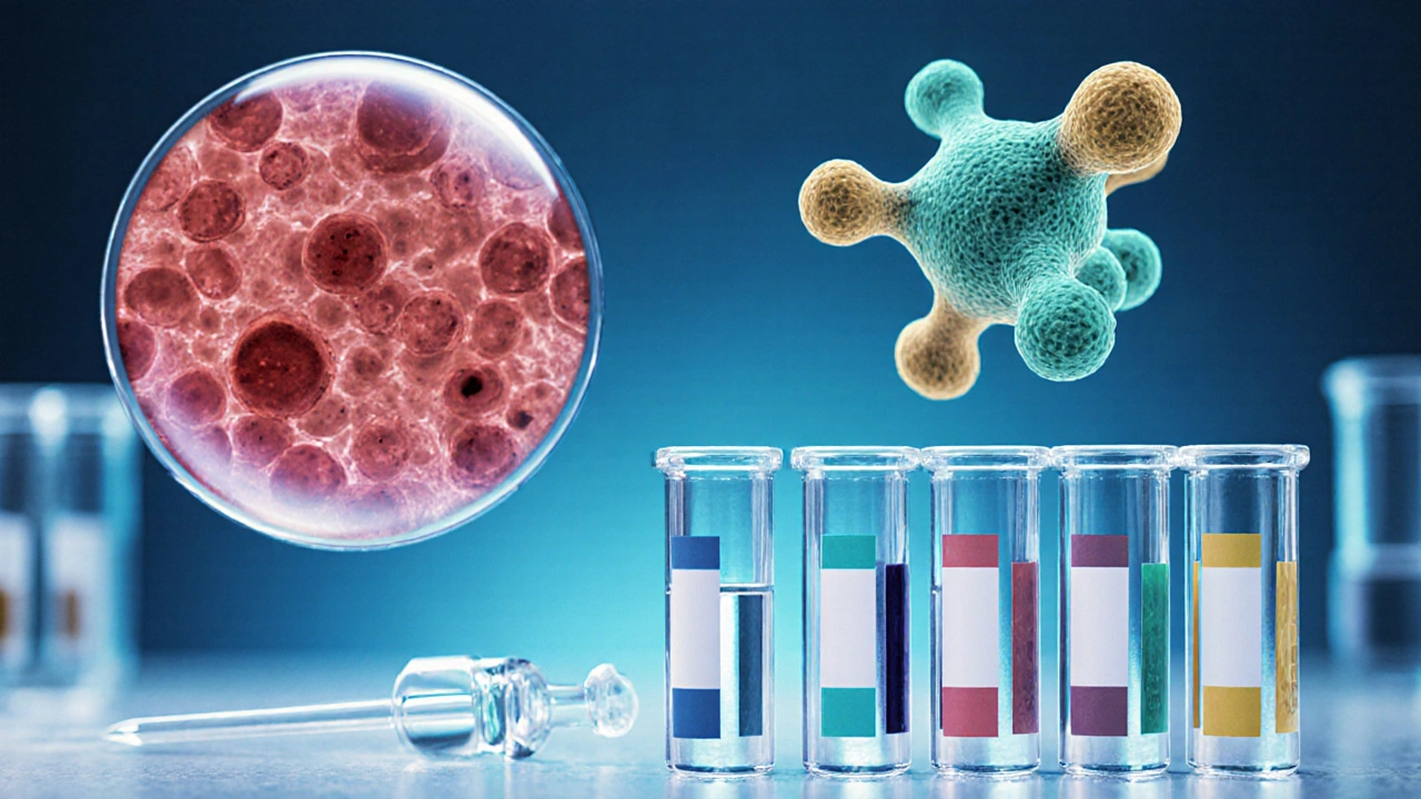 Lab scene with test tubes, red blood cells, and a folate molecule model.