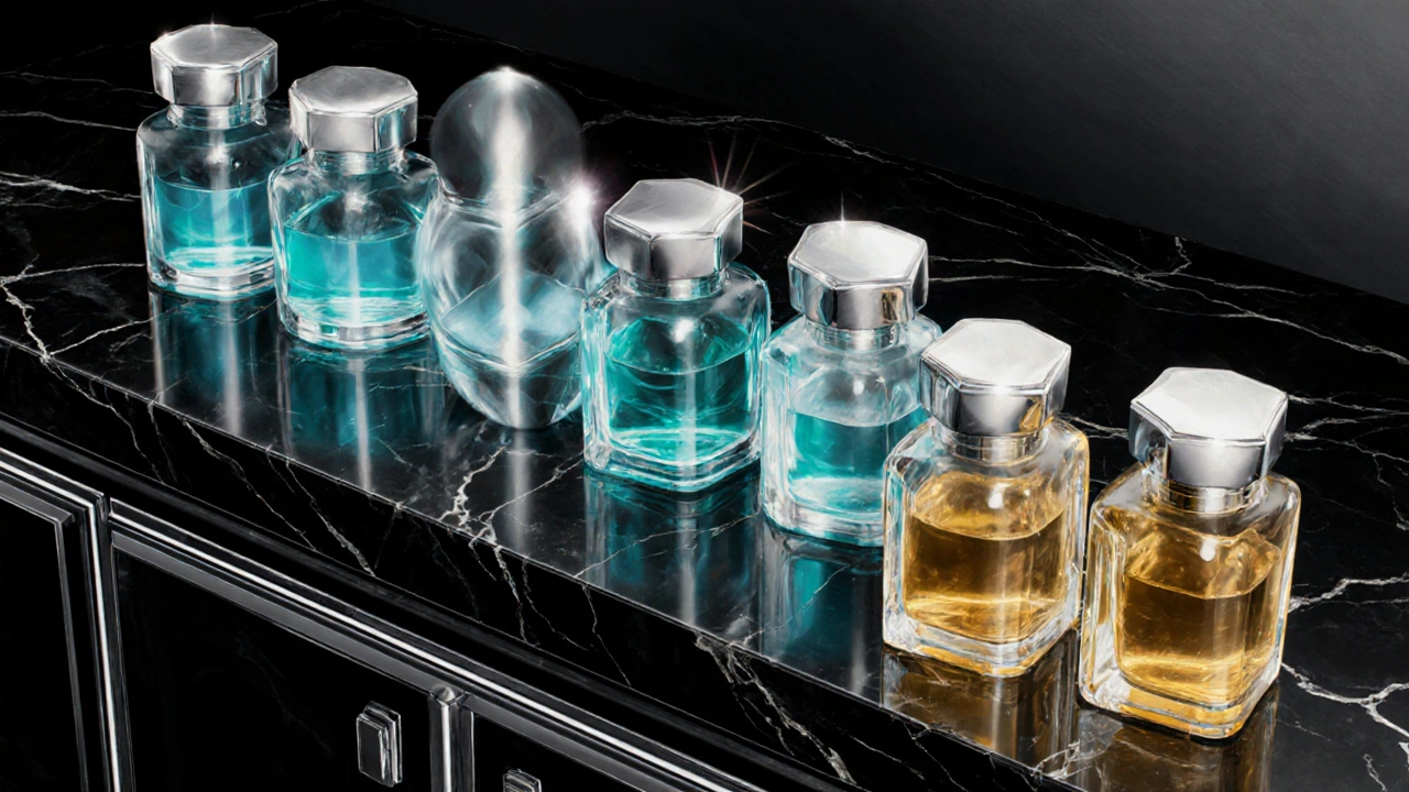 Line of six decorative pill bottles with Art Deco designs representing hypertension drugs.