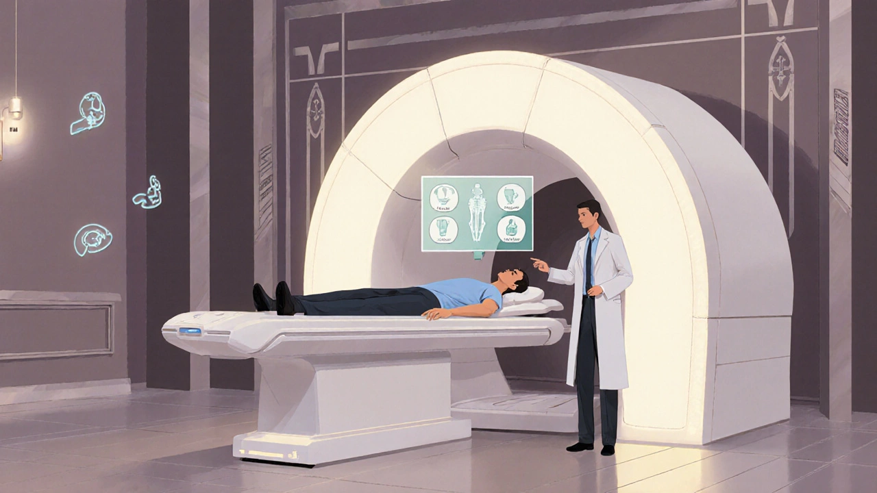 Male patient undergoing DXA scan in an Art Deco clinic with doctor reviewing results.