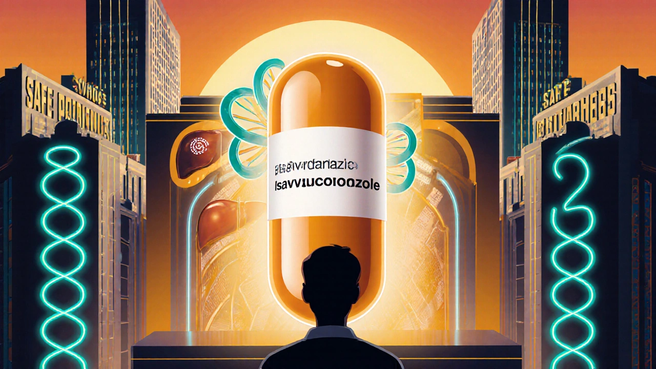 New antifungal with liver shield and DNA helix symbolizes safer therapy.