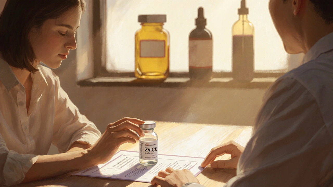 Patient and doctor discussing a ZyhCG vial and certificate in a sunlit office.