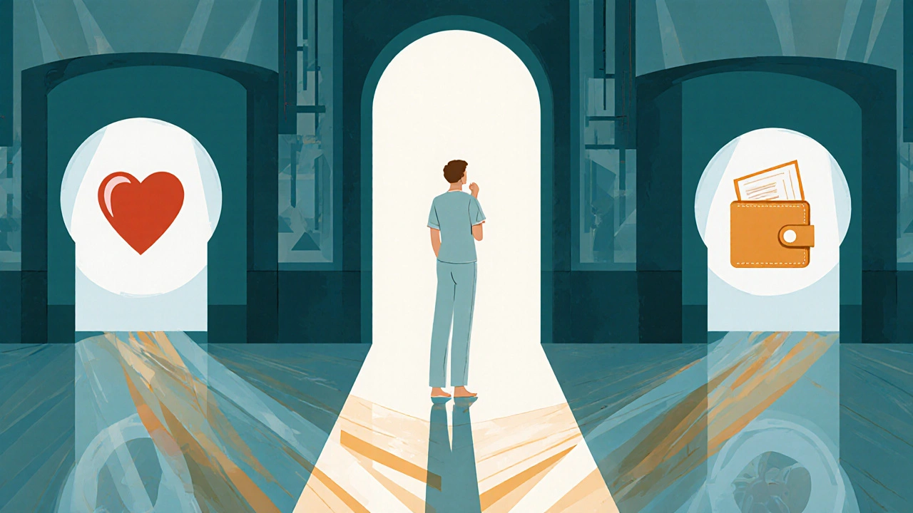 Patient at a crossroads with heart, kidney, and wallet icons in an Art Deco hallway.