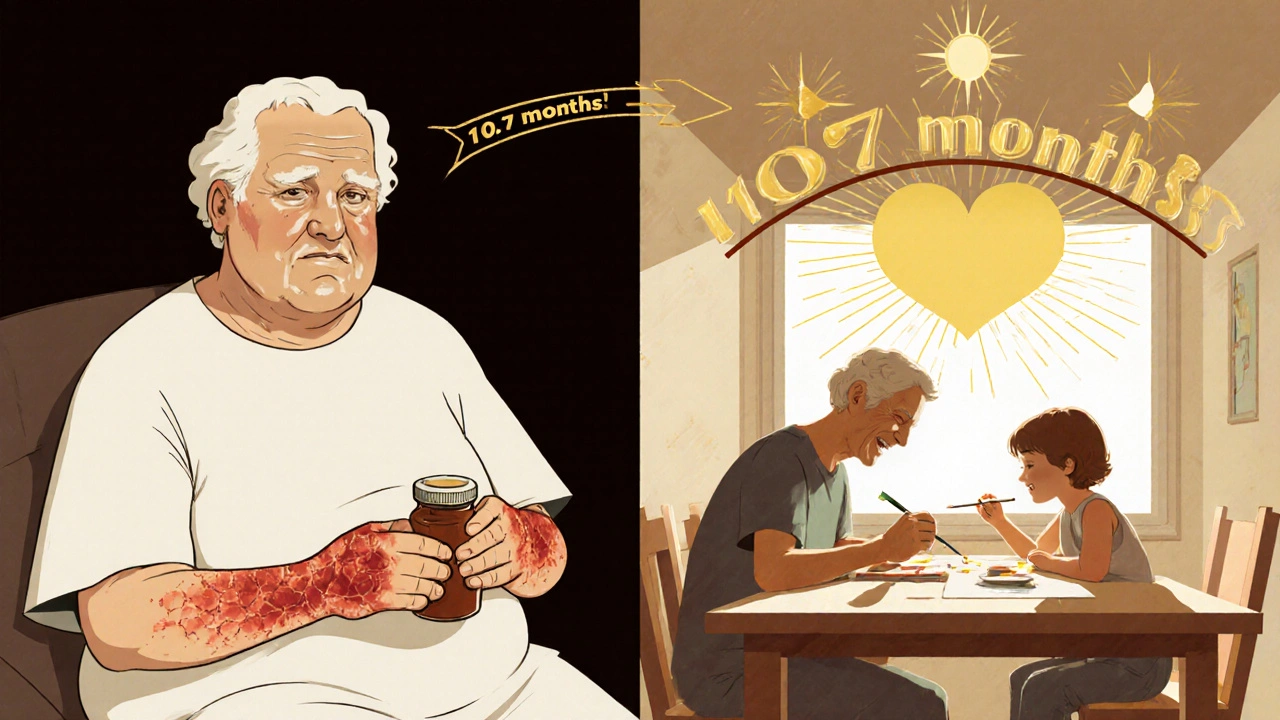 Patient with skin reaction on one side, painting with grandchild on the other.