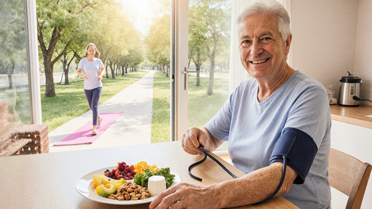 Person measuring blood pressure, eating a healthy meal, walking and doing yoga in a bright setting.