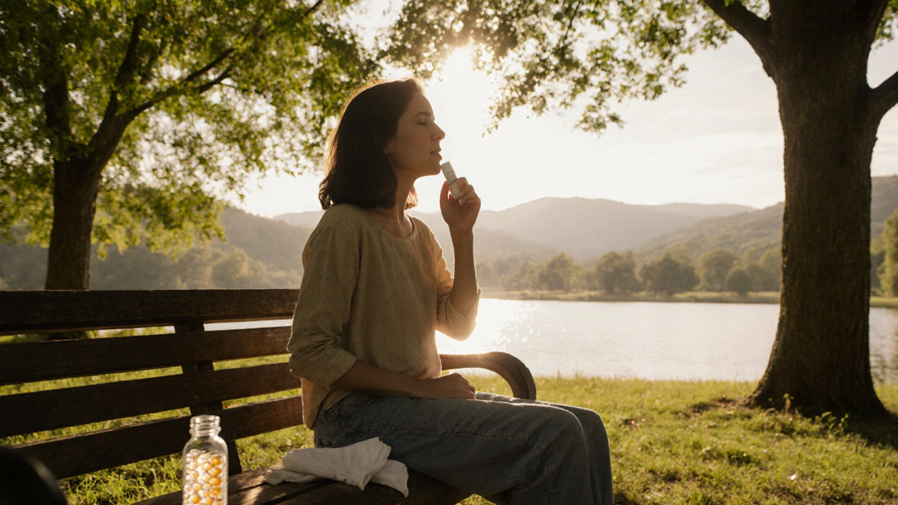 Person on a park bench breathing easily, sunlight filtered through trees, bottle of remedy nearby.
