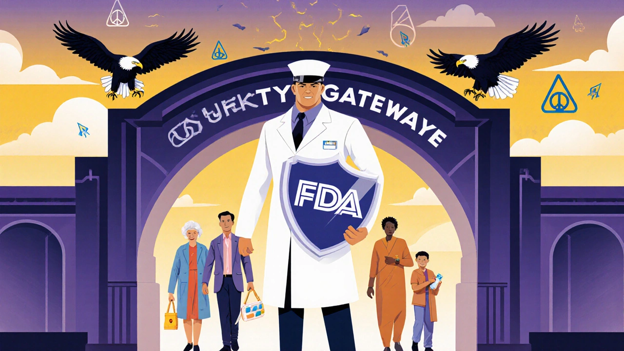 Pharmacist guards a safety gateway as diverse patients pass through, surrounded by geometric peace symbols.