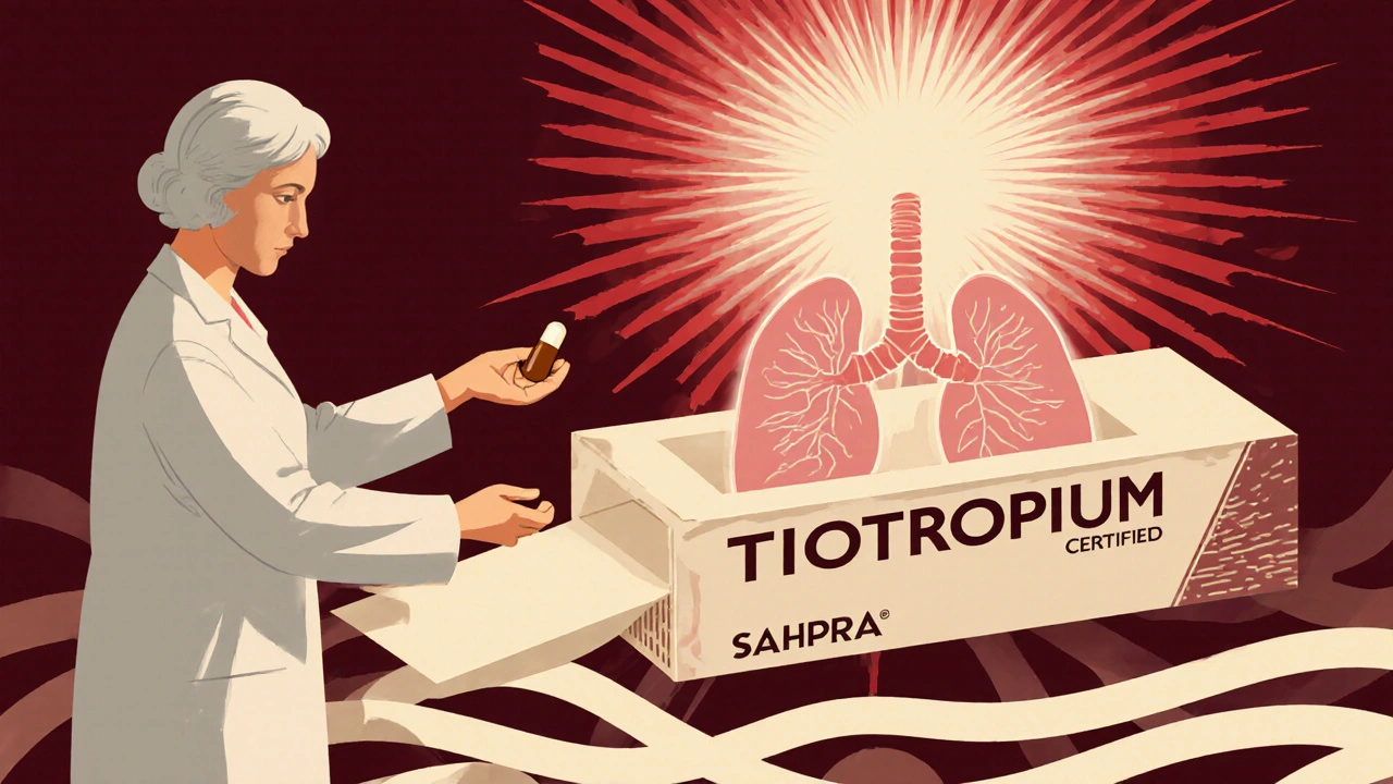 Pharmacist handing a generic capsule to woman, sunburst symbolizing airflow, no labels visible.