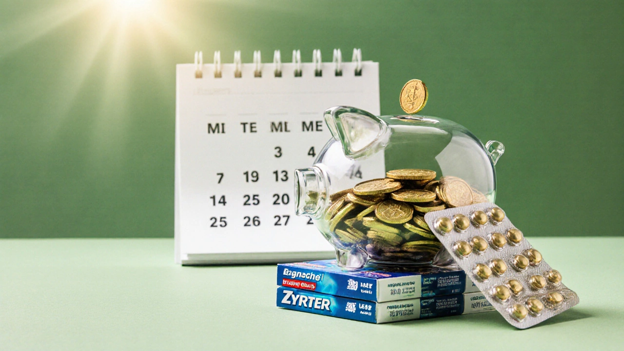 Piggy bank overflowing with coins onto generic Zyrtec packs, with a calendar indicating savings.