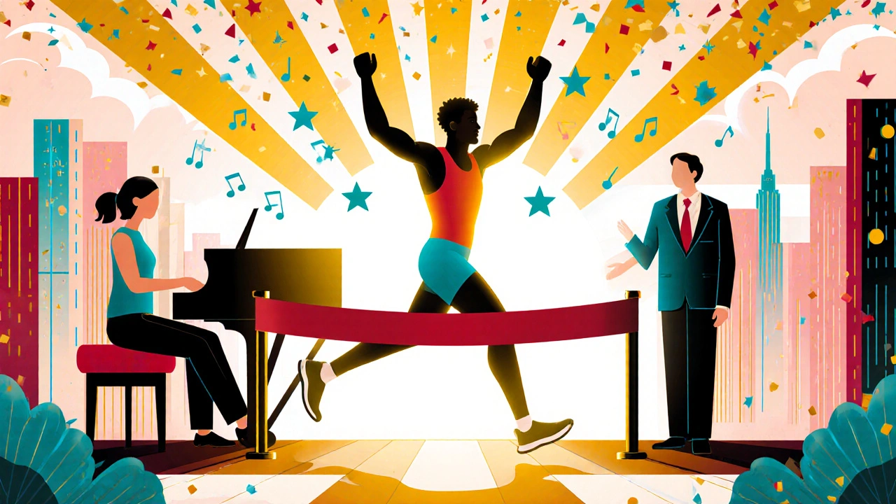 Runner crossing finish line and pianist playing, both celebrated after tendonitis recovery.