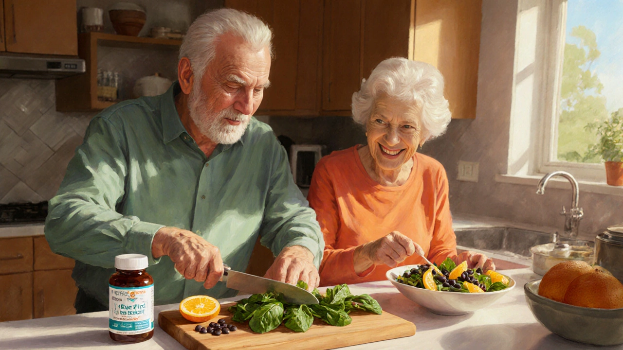 Seniors preparing a colorful salad with leafy greens and supplement bottle.