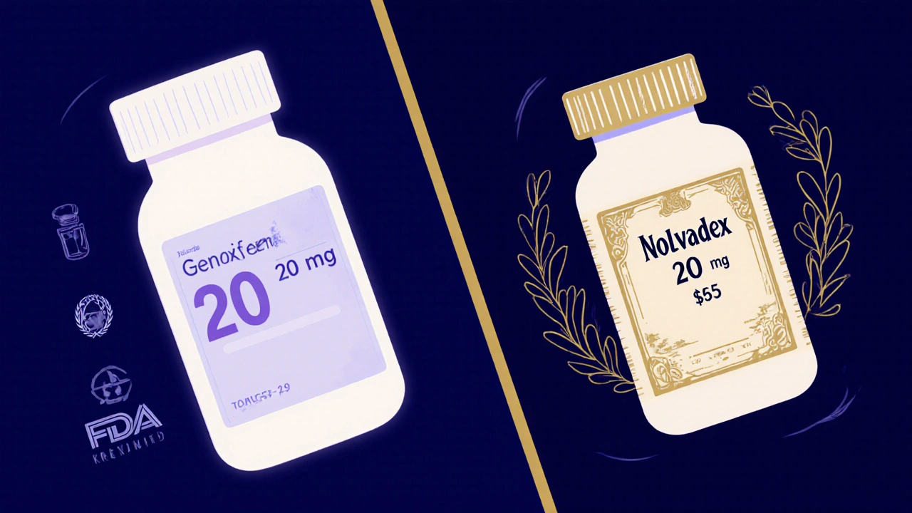 Side‑by‑side view of generic tamoxifen bottle and branded Nolvadex bottle with price tags.