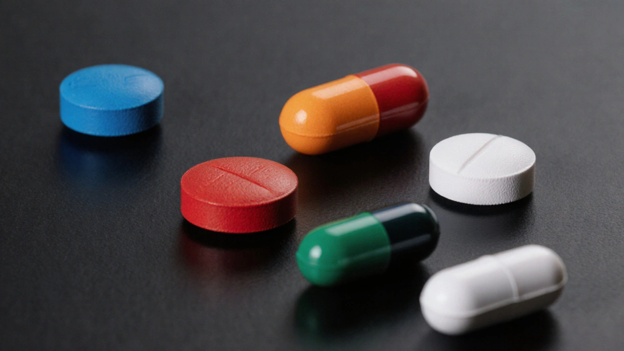 Six different ED pills displayed side by side on a black surface.
