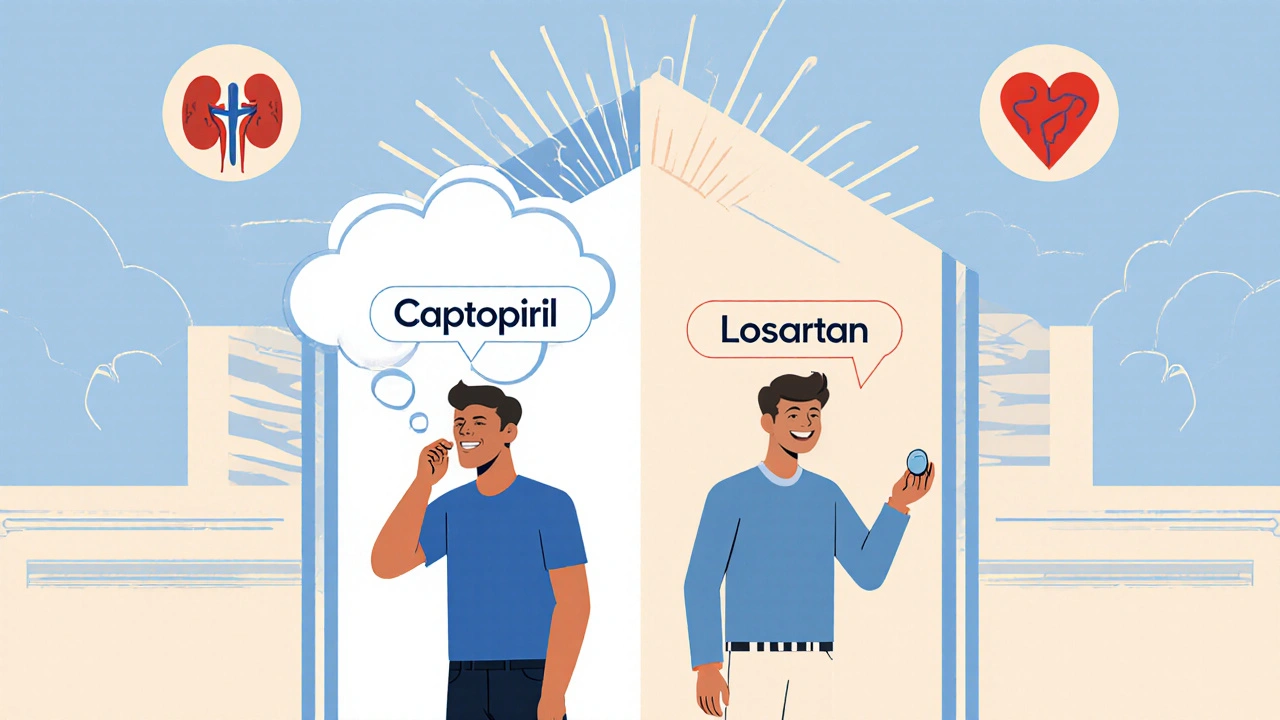 Split illustration comparing Captopril side effects to Losartan benefits in geometric Art Deco style.