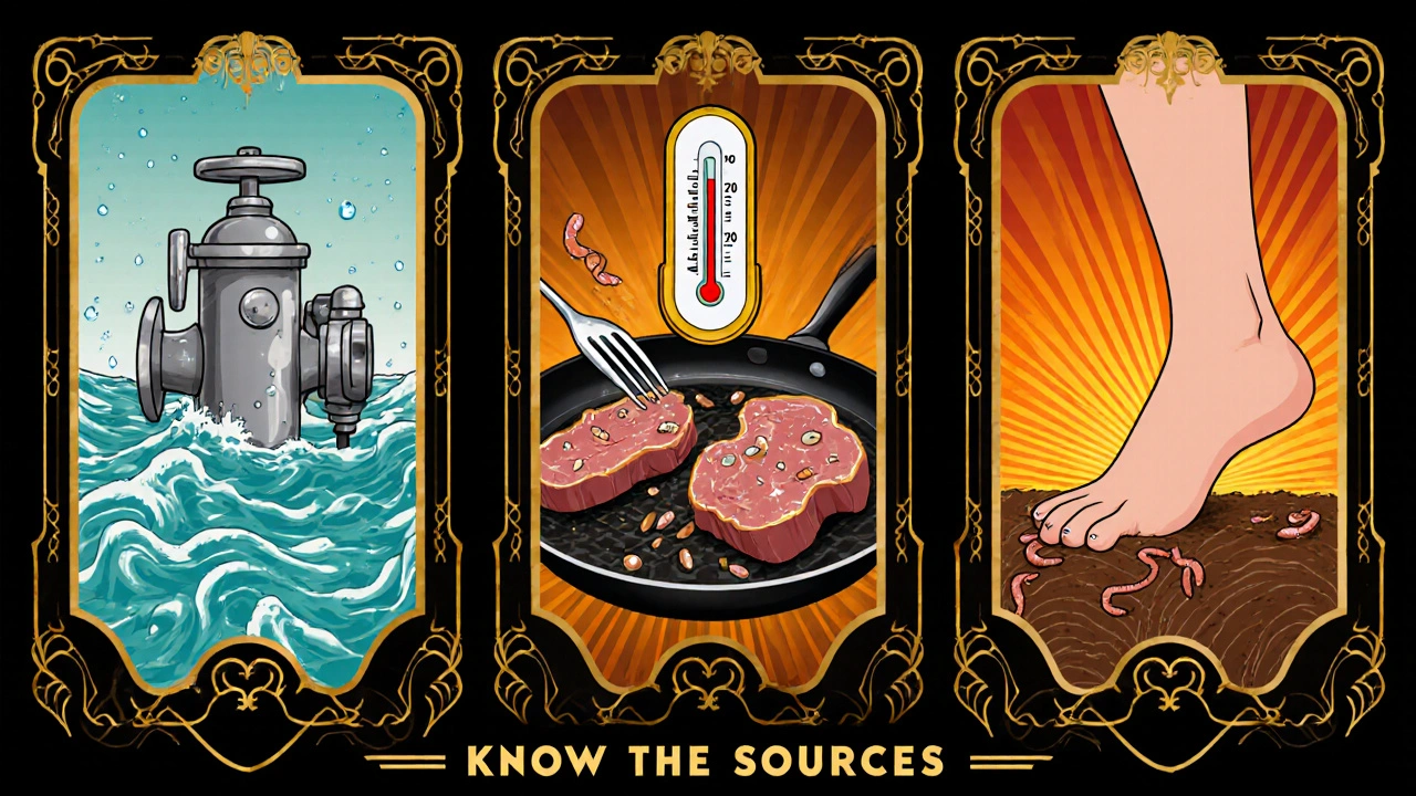 Split panel Art Deco scene of contaminated water, undercooked meat, and barefoot soil contact.