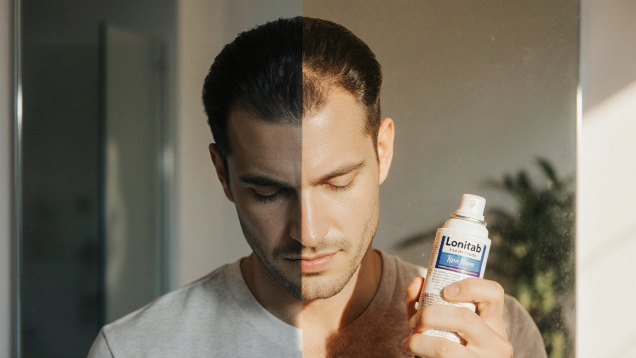 Split‑portrait showing before and after hair growth with a person applying Lonitab foam.