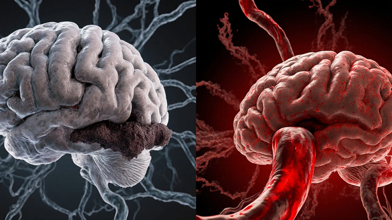 Split view of brain: left with blocked artery causing ischemic stroke, right with burst vessel causing hemorrhagic stroke.