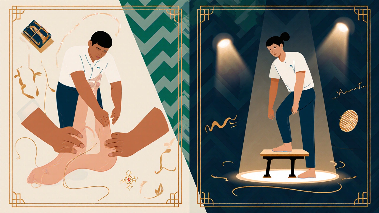 Split view of manual therapy on Achilles and eccentric heel‑drop exercises in Art Deco style.
