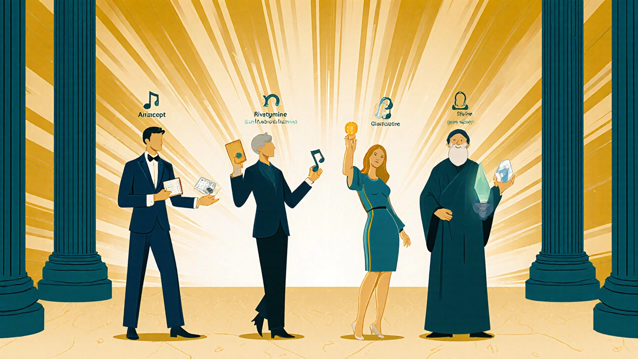 Stage with four drug personifications beside icons for dosage and side effects.