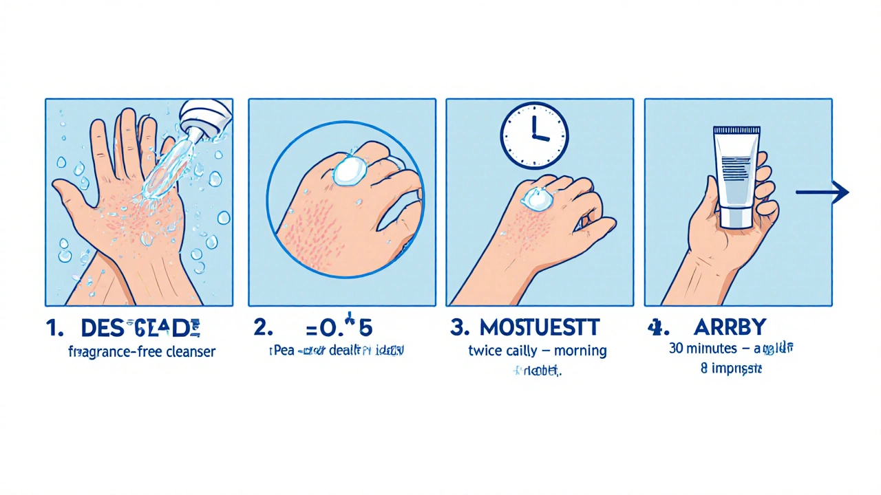 Step‑by‑step cartoon of washing skin, applying a pea‑sized Desonide dose, rubbing in, then moisturizing.