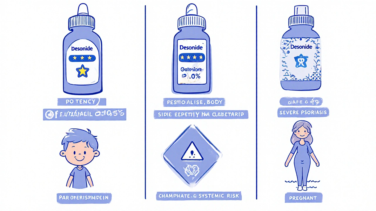 Technical cartoon comparing Desonide, Hydrocortisone, and Clobetasol with icons for potency and side effects.
