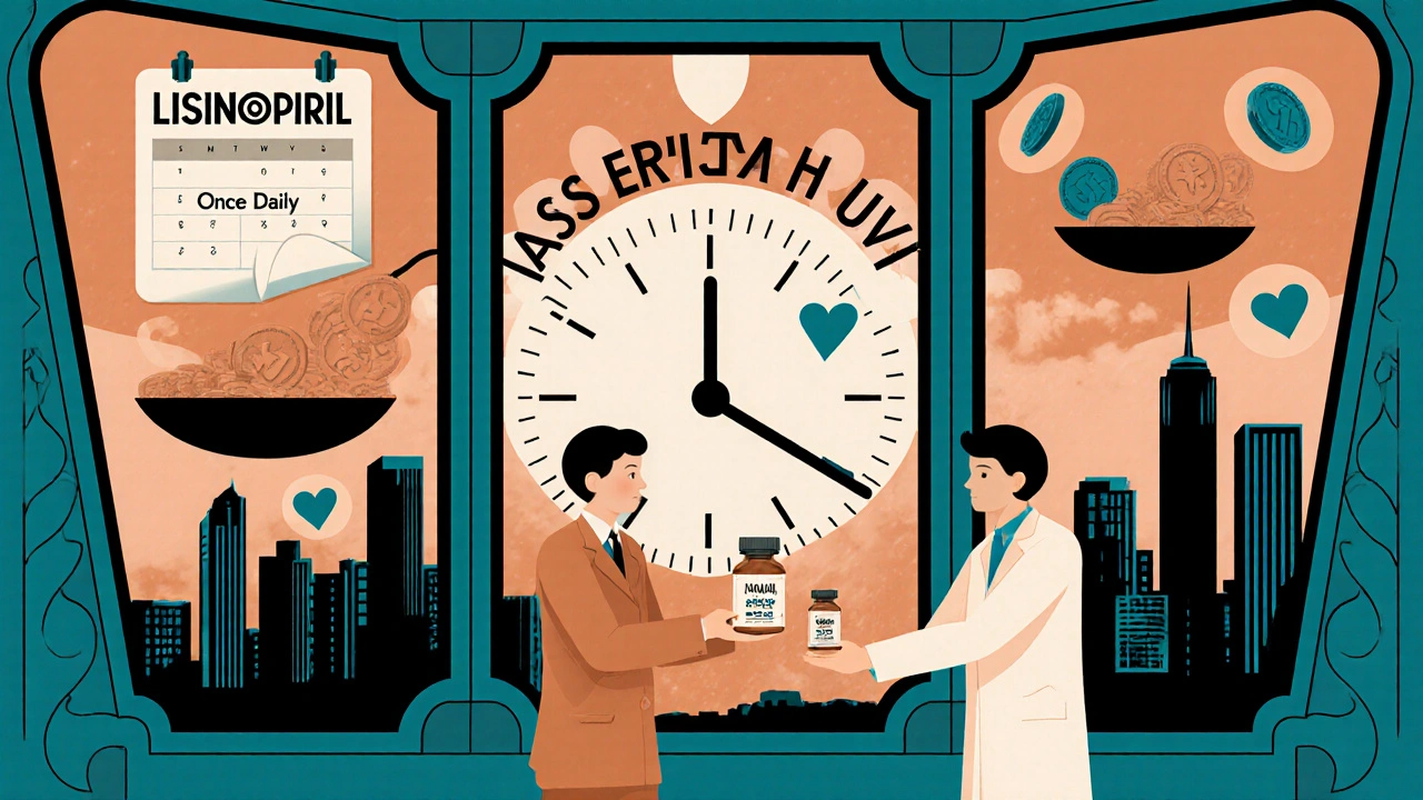 Three-panel mural showing Lisinopril as convenient, cost-effective blood pressure solution in vintage style.