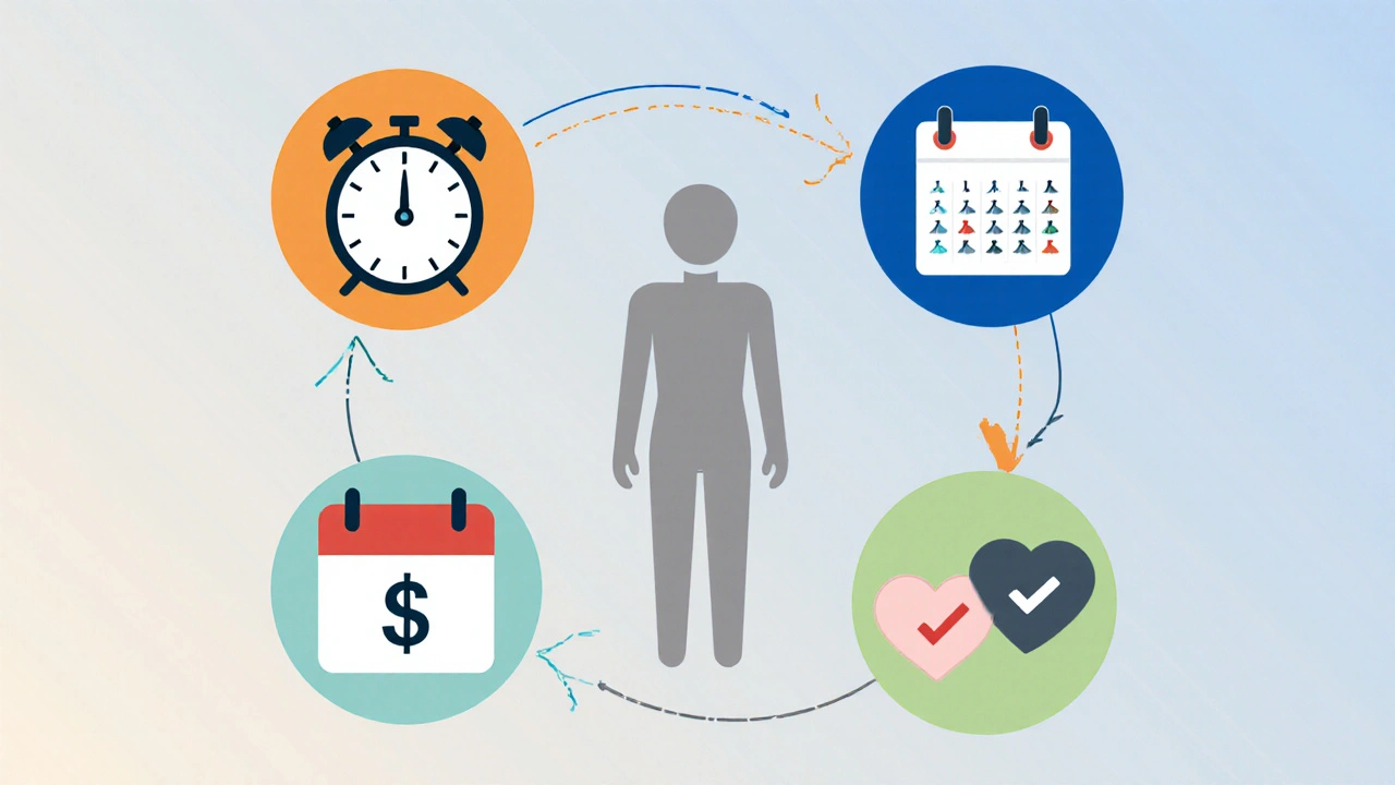 Vector icons showing rapid onset, long duration, cost, and safety around a person.
